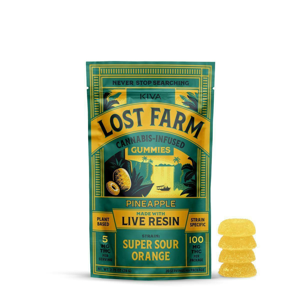 Lost Farm Gummies by Kiva - Pineapple 'Super Sour Orange' Live Resin Gummies | 100mg | 10ct | 10mg/ea - 1