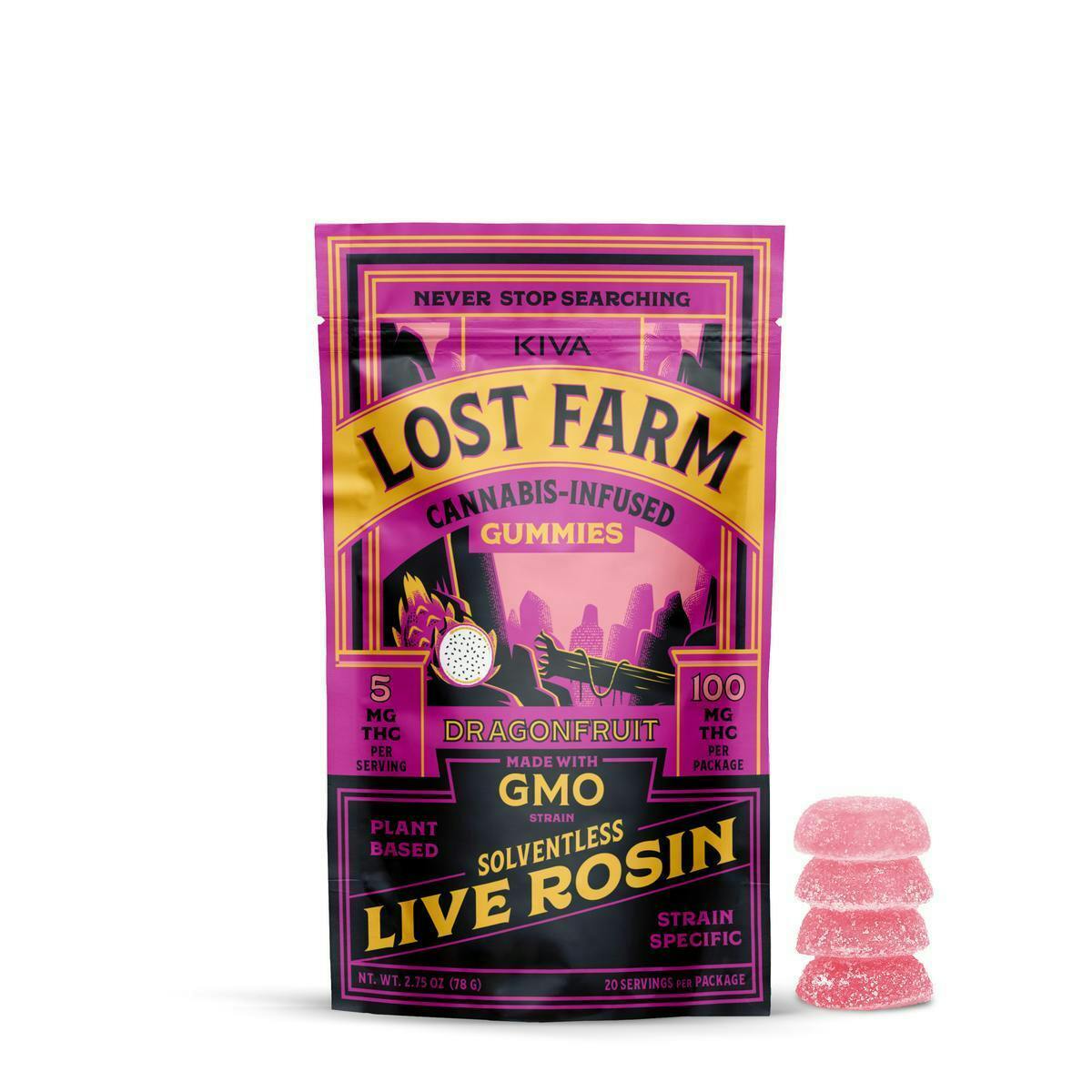 Lost Farm Gummies by Kiva - Lost Farm | Dragonfruit 'GMO' Live Rosin Gummies | 100mg | 20ct | 5mg/ea - 1