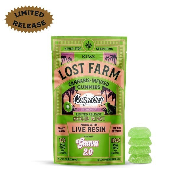 Lost Farm Gummies by Kiva - Sour Kiwi 'Guava 2.0' Live Resin Gummies | 100mg | 10ct | 10mg/ea - 1