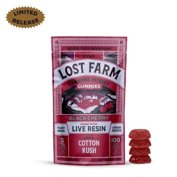 Lost Farm Gummies by Kiva - Black Cherry 'Cotton Kush' Live Resin Gummies | 100mg | 20ct | 5mg/ea - 1
