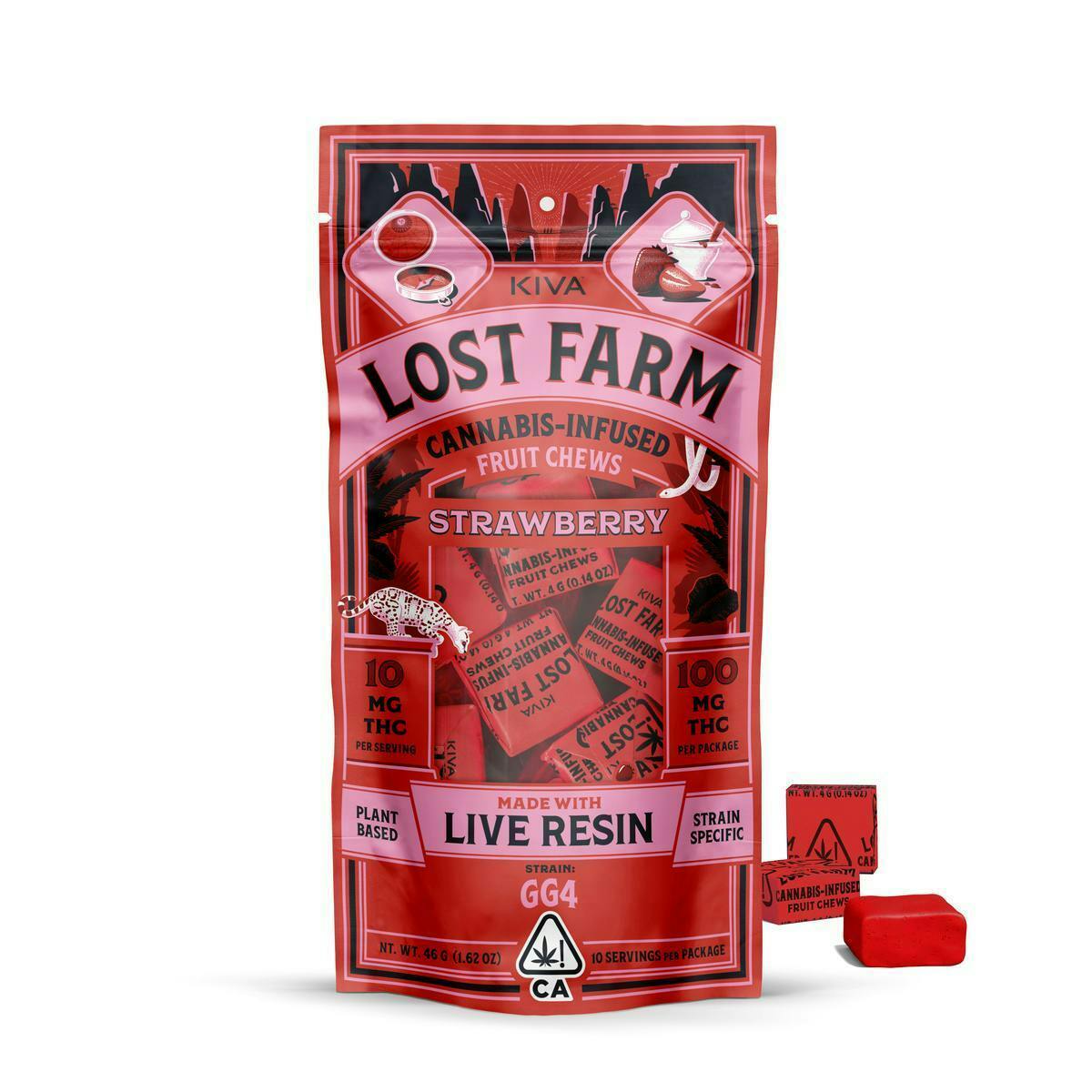 Lost Farm Gummies by Kiva - Strawberry 'GG4' Live Resin Chews | 100mg | 10ct | 10mg/ea - 1
