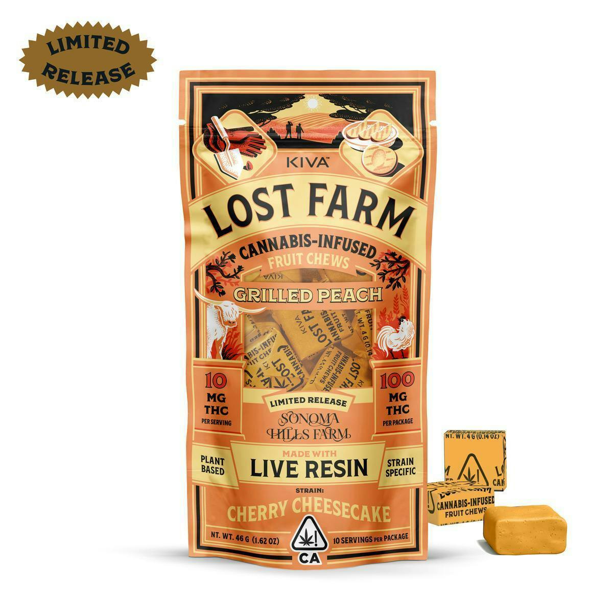 Lost Farm Gummies by Kiva - Grilled Peach 'Cherry Cheesecake' Live Resin Chews | 100mg | 10ct | 10mg/ea - 1