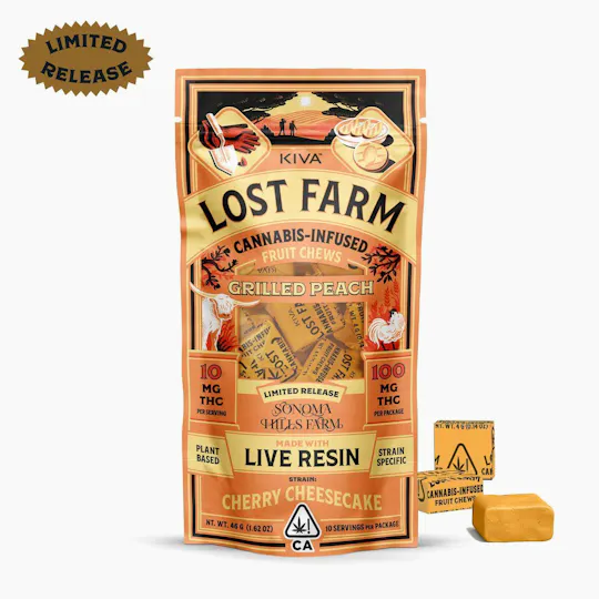 Lost Farm Gummies by Kiva - Grilled Peach 'Cherry Cheesecake' Live Resin Chews | 100mg | 10ct | 10mg/ea - 1
