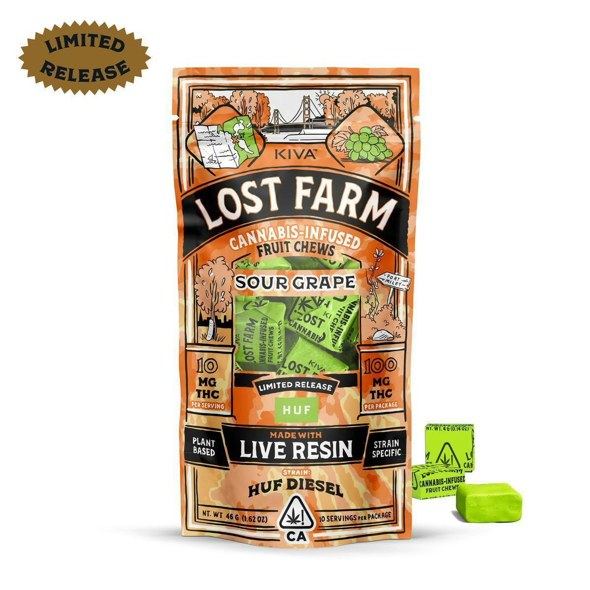 Lost Farm Gummies by Kiva - Sour Grape 'HUF Diesel' Live Resin Gummies | 100mg | 10ct | 10mg/ea - 1