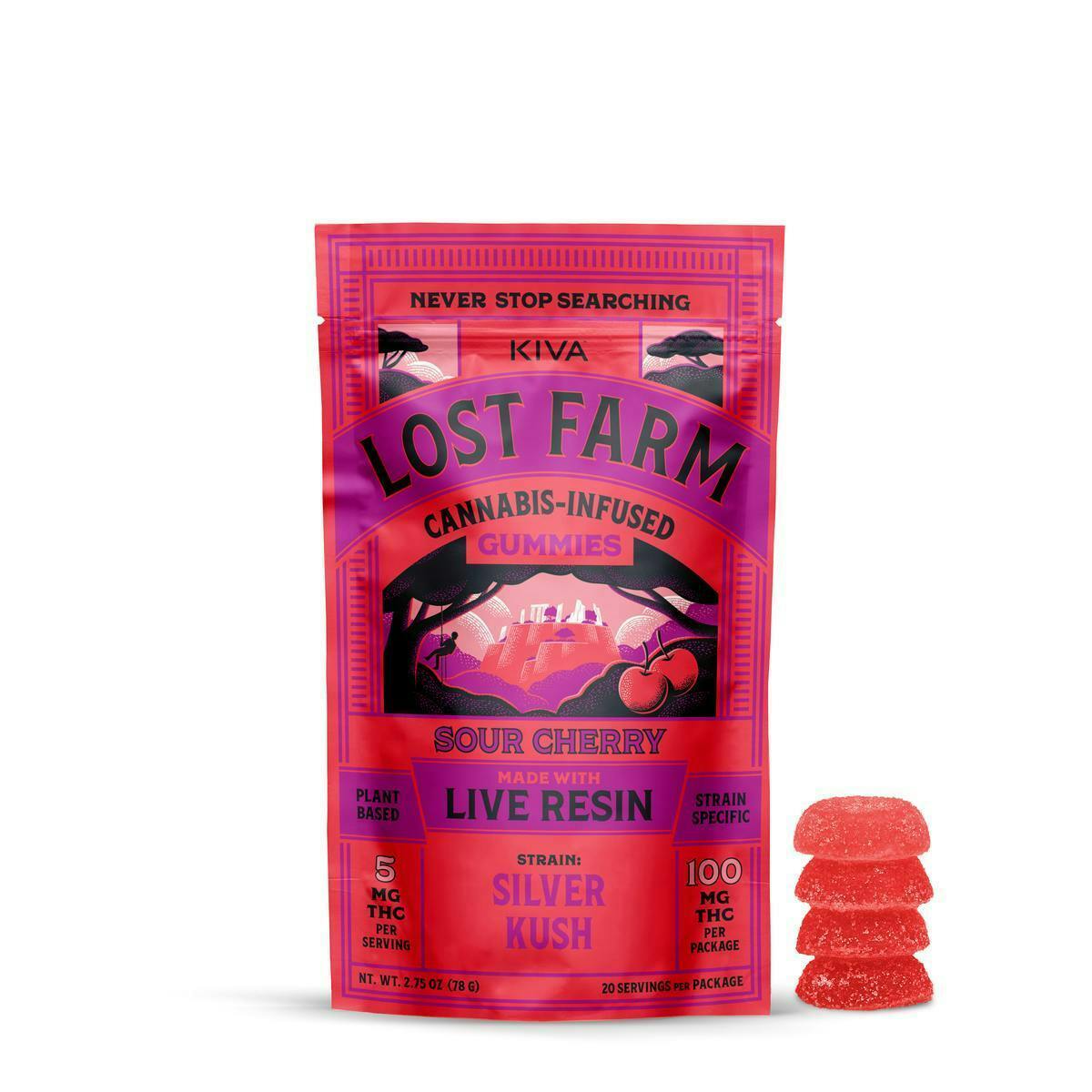 Lost Farm Gummies by Kiva - Sour Cherry 'Silver Kush' Live Resin Gummies | 100mg | 10ct | 10mg/ea - 1