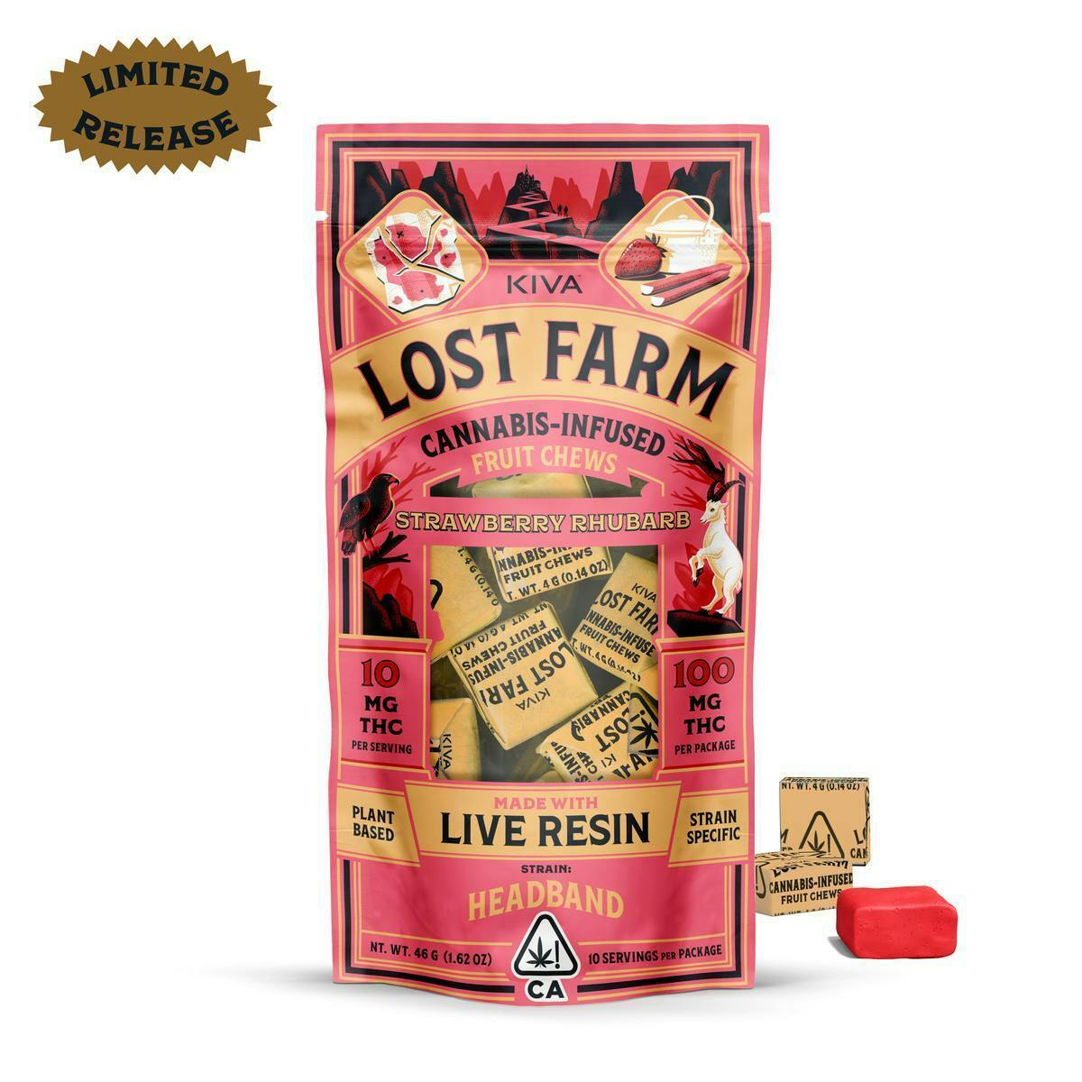 Lost Farm Gummies by Kiva - Strawberry Rhubarb 'Headband' Live Resin Chews | 100mg | 10ct | 10mg/ea - 1