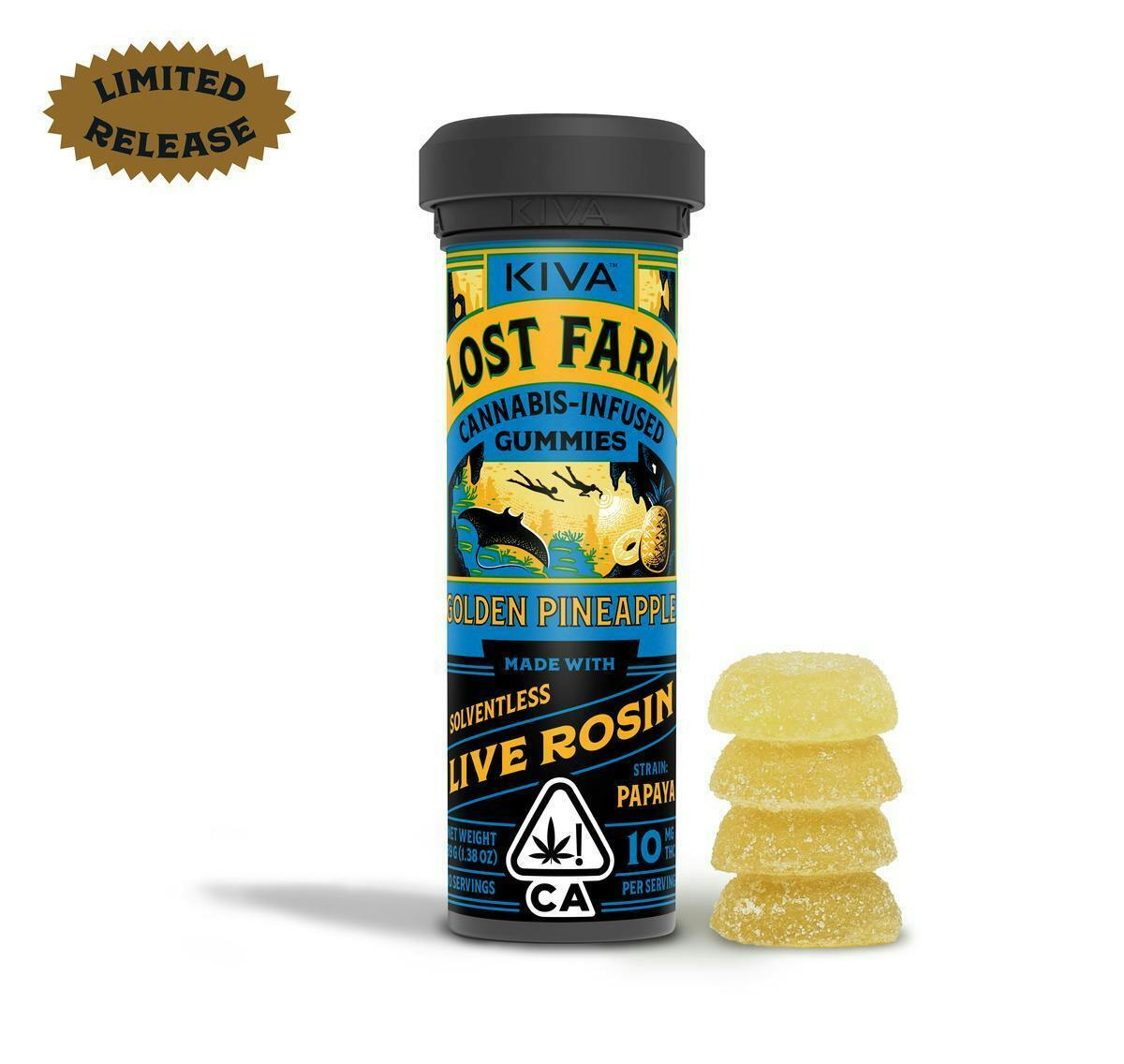 Lost Farm Gummies by Kiva - Golden Pineapple 'Papaya'' Live Rosin Gummies | 100mg | 10ct | 10mg/ea - 1