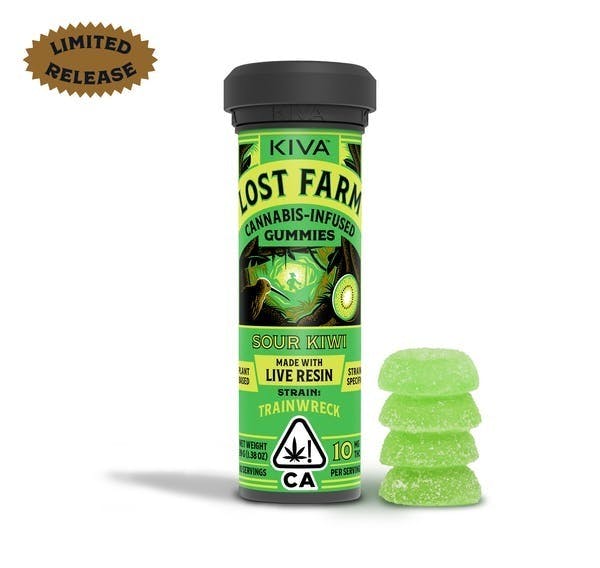 Lost Farm Gummies by Kiva - Sour Kiwi 'Trainwreck' Live Resin Gummies | 100mg | 10ct | 10mg/ea - 1