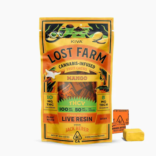 Lost Farm Gummies by Kiva - Mango 'Jack Herer' Live Resin Chews | 100mg:50mg | 10ct | 10mg THC:5mg THCV - 1