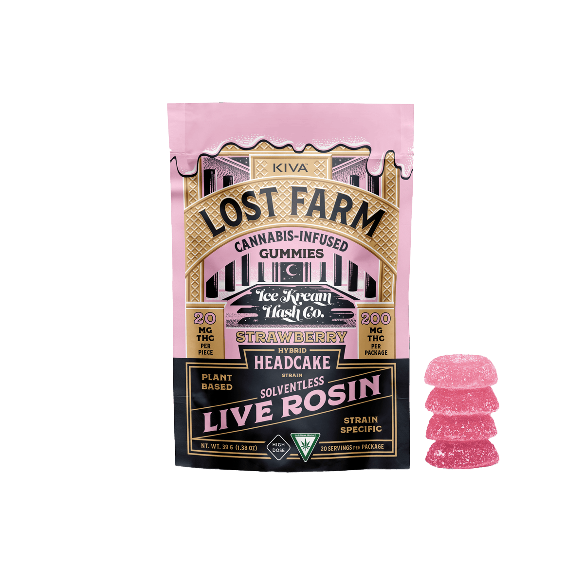 Lost Farm Gummies by Kiva - Strawberry 'Headcake' Live Rosin Gummies | 200mg | 10ct | 20mg/ea - 1