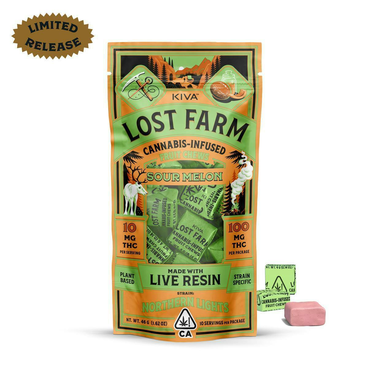 Lost Farm Gummies by Kiva - Sour Melon 'Northern Lights' Live Resin Chews | 100mg | 10ct | 10mg/ea - 1
