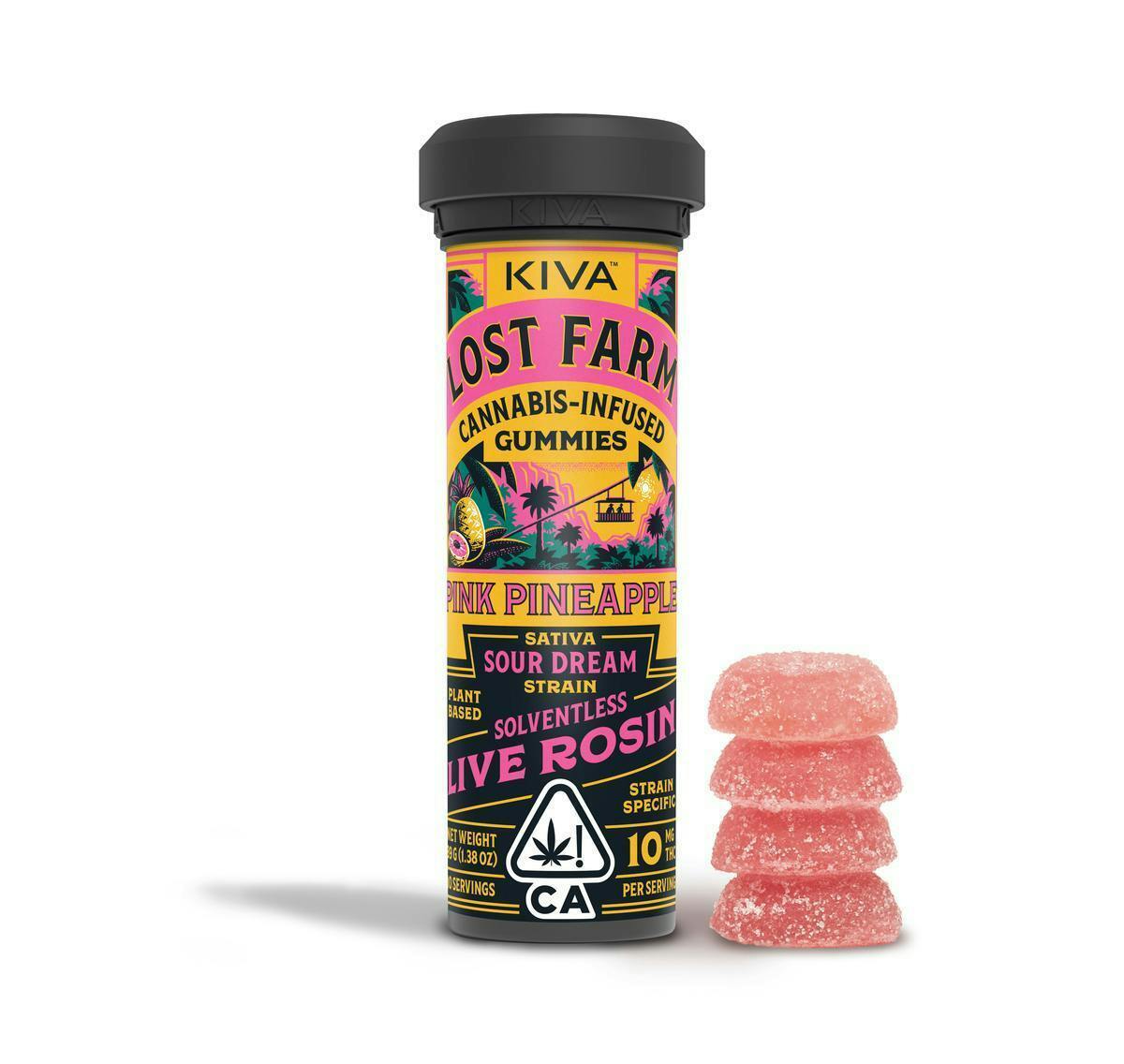 Lost Farm Gummies by Kiva - Pink Pineapple 'Sour Dream' Live Rosin Gummies | 100mg | 10ct | 10mg/ea - 1