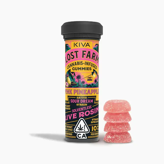 Lost Farm Gummies by Kiva - Pink Pineapple 'Sour Dream' Live Rosin Gummies | 100mg | 10ct | 10mg/ea - 1