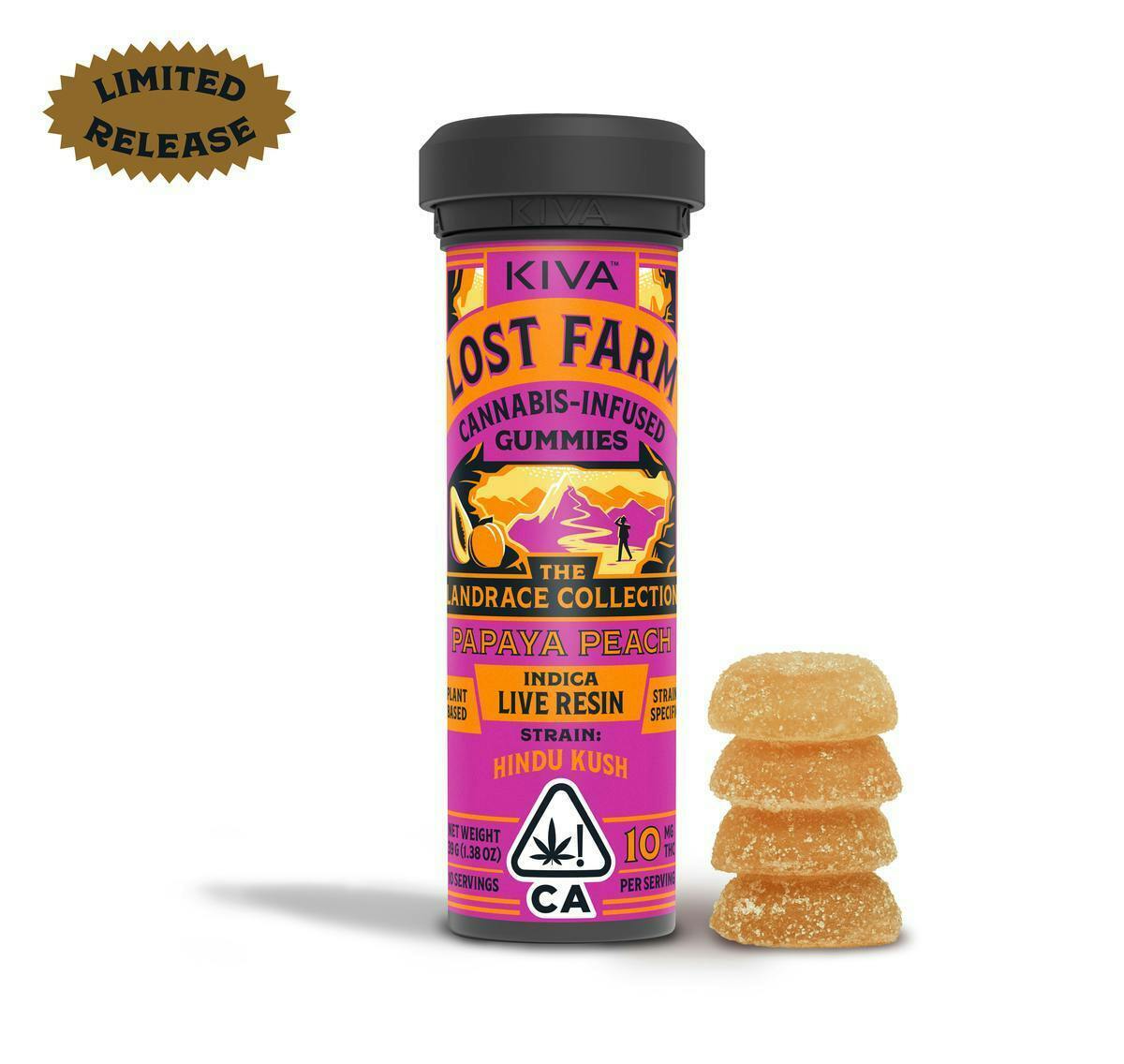 Lost Farm Gummies by Kiva - Papaya Peach 'Hindu Kush' Live Resin Gummies | 100mg | 10ct | 10mg/ea - 1