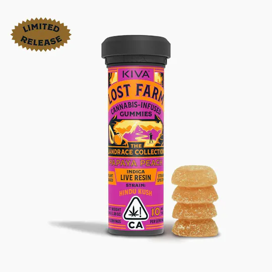 Lost Farm Gummies by Kiva - Papaya Peach 'Hindu Kush' Live Resin Gummies | 100mg | 10ct | 10mg/ea - 1