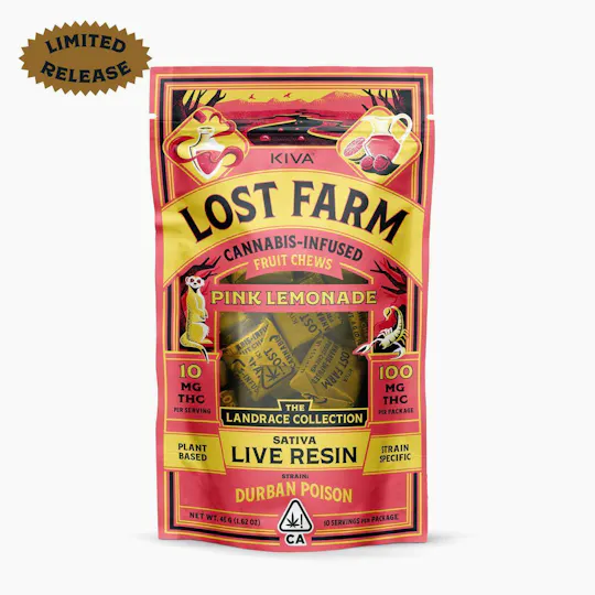 Lost Farm Gummies by Kiva - Pink Lemonade 'Durban Poison' Live Resin Chews | 100mg | 10ct | 10mg/ea - 1