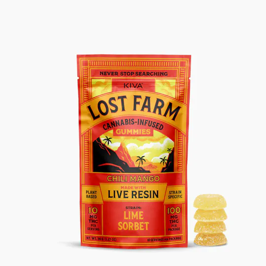 Lost Farm Gummies by Kiva - Chill Mango 'Lime Sorbet' Live Resin Gummies | 100mg | 10ct | 10mg/ea - 1