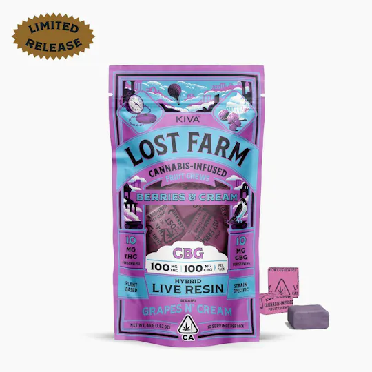 Lost Farm Gummies by Kiva - Berries & Cream 'Grapes N' Cream' Live Resin Chews | 100mg | 10ct | 10mg/ea - 1