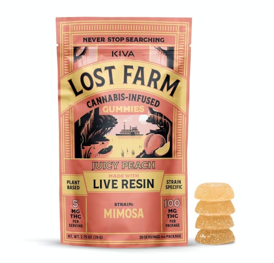 Lost Farm Gummies by Kiva - Juicy Peach 'Mimosa' Live Resin Gummies | 100mg | 20ct | 5mg/ea - 1