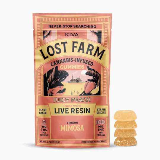 Lost Farm Gummies by Kiva - Juicy Peach 'Mimosa' Live Resin Gummies | 100mg | 20ct | 5mg/ea - 1