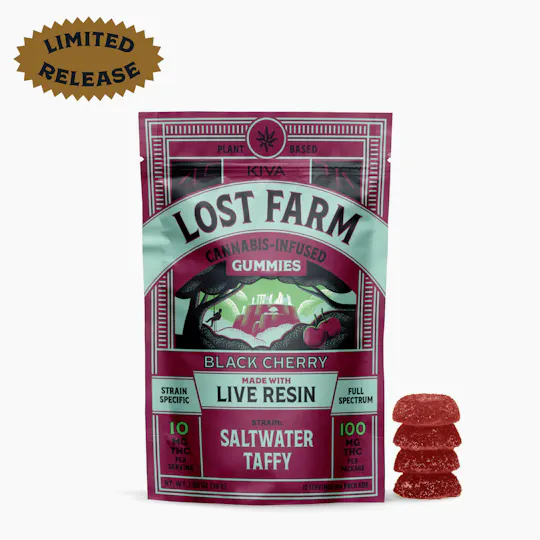 Lost Farm Gummies by Kiva - Black Cherry 'Saltwater Taffy' Live Resin Gummies | 100mg | 10ct | 10mg/ea - 1