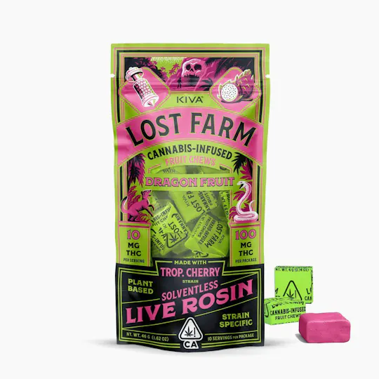 Lost Farm Gummies by Kiva - Dragonfruit 'Trop Cherry' Live Rosin Chews | 100mg | 10ct | 10mg/ea - 1