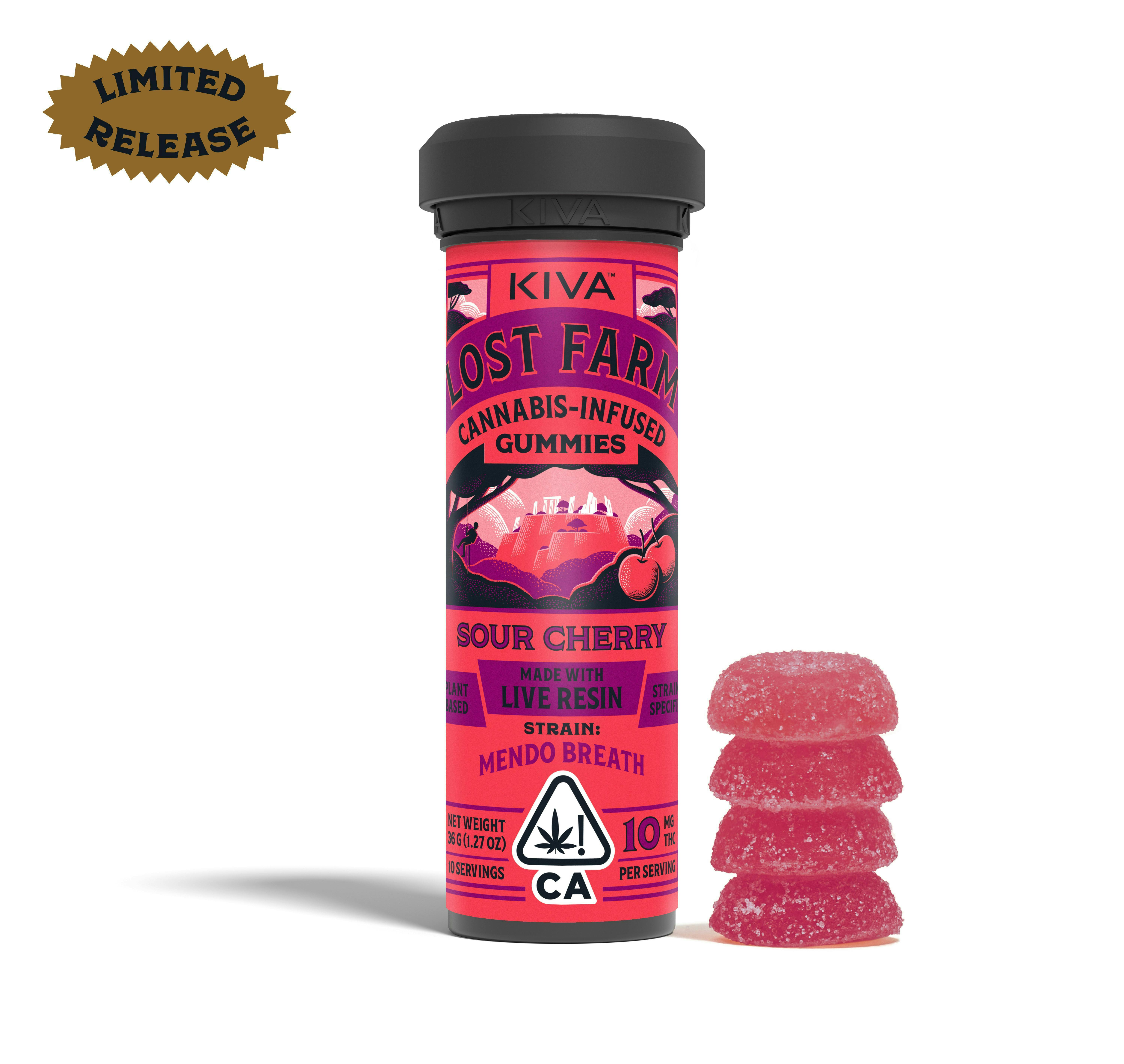 Lost Farm Gummies by Kiva - Sour Cherry 'Mendo Breath' Live Resin Gummies | 100mg | 10ct | 10mg/ea - 1