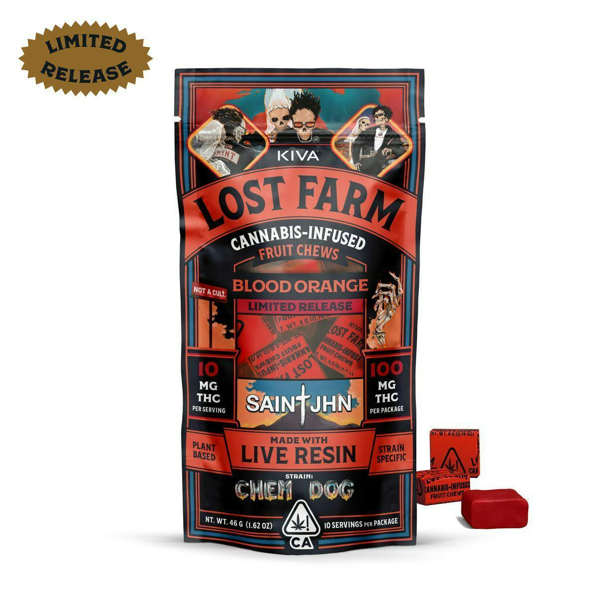 Lost Farm Gummies by Kiva - Saint JHN Blood Orange 'Chem Dog' Live Resin Chews | 100mg | 10ct | 10mg/ea - 1
