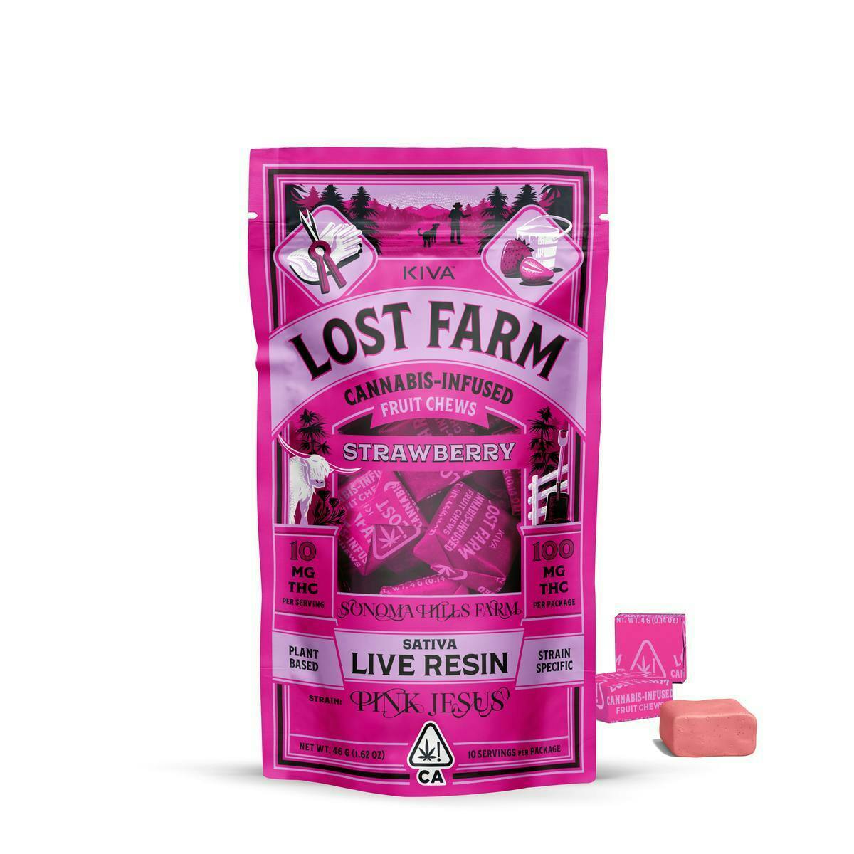 Lost Farm Gummies by Kiva - Strawberry 'Pink Jesus' Live Resin Chews | 100mg | 10ct | 10mg/ea - 1