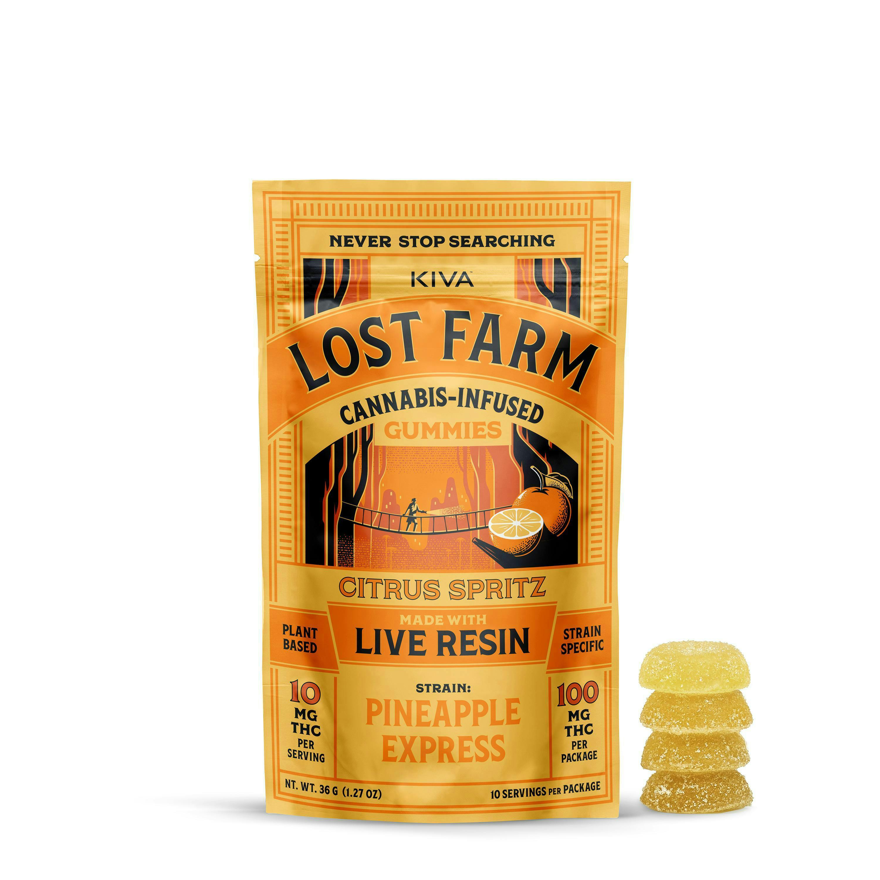 Lost Farm Gummies by Kiva - Citrus Spritz Pineapple Express Live Resin Gummies | 100mg | 10ct | 10mg/ea - 1