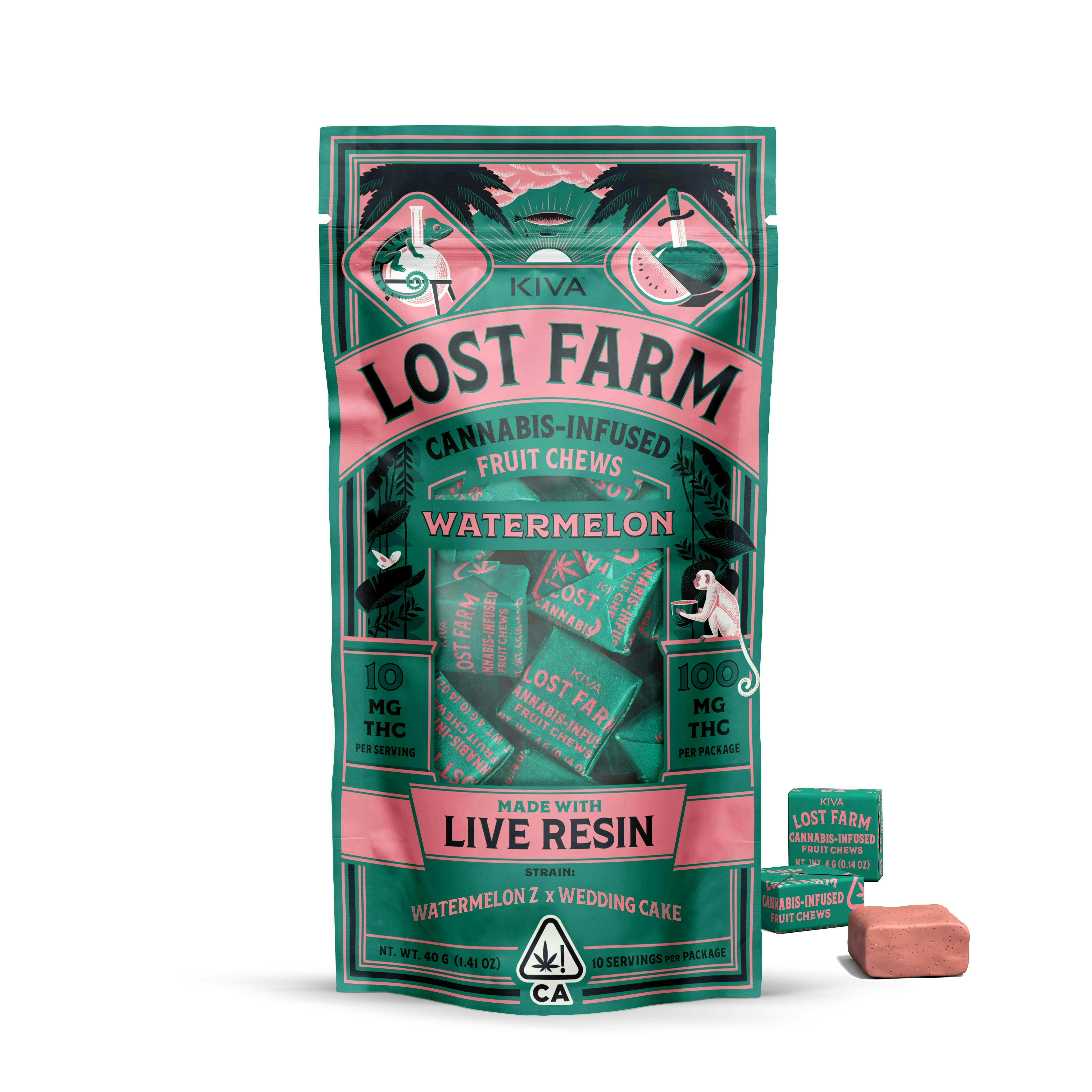 Lost Farm Gummies by Kiva - Watermelon Z x Wedding Cake Live Resin Chews | 100mg | 10ct | 10mg/ea - 1