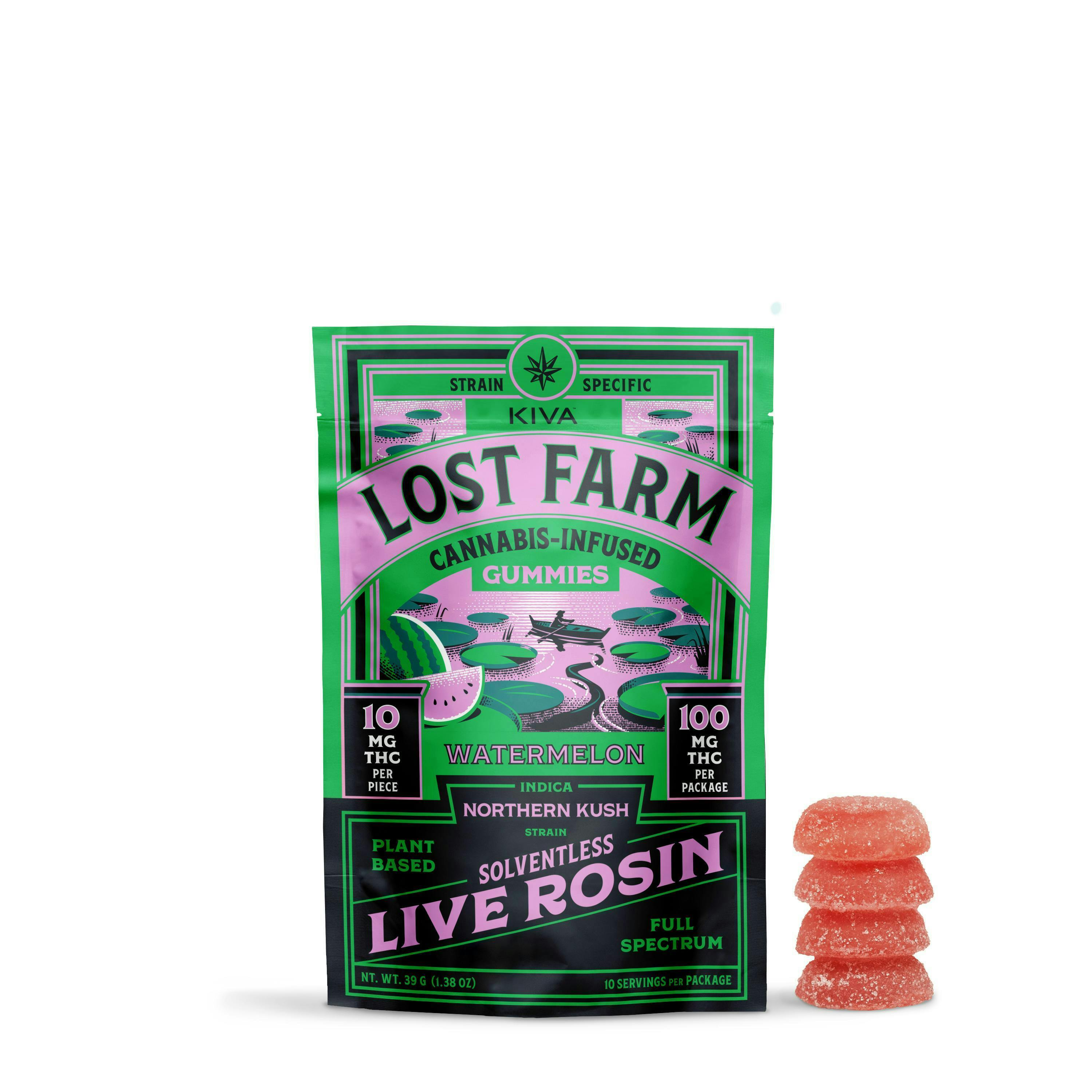 Lost Farm Gummies by Kiva - Watermelon 'Northern Kush' Live Rosin Gummies | 100mg | 10ct | 10mg/ea - 1