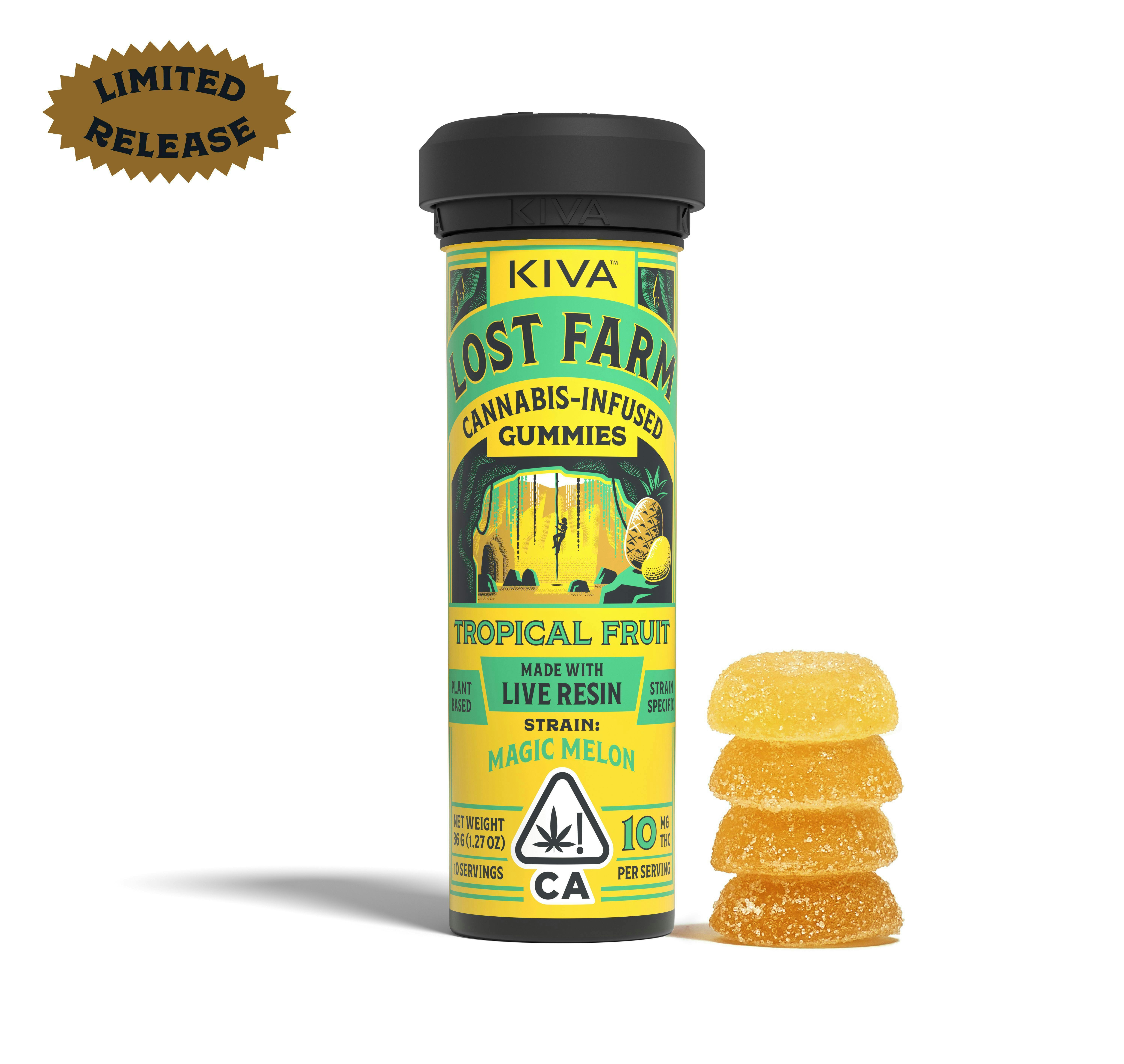 Lost Farm Gummies by Kiva - Tropical Fruit 'Magic Melon' Live Resin Gummies | 100mg | 10ct | 10mg/ea - 1