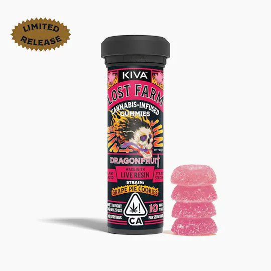 Lost Farm Gummies by Kiva - Dragonfruit 'Grape Pie Cookies' Live Resin Gummies | 100mg | 10ct | 10mg/ea - 1