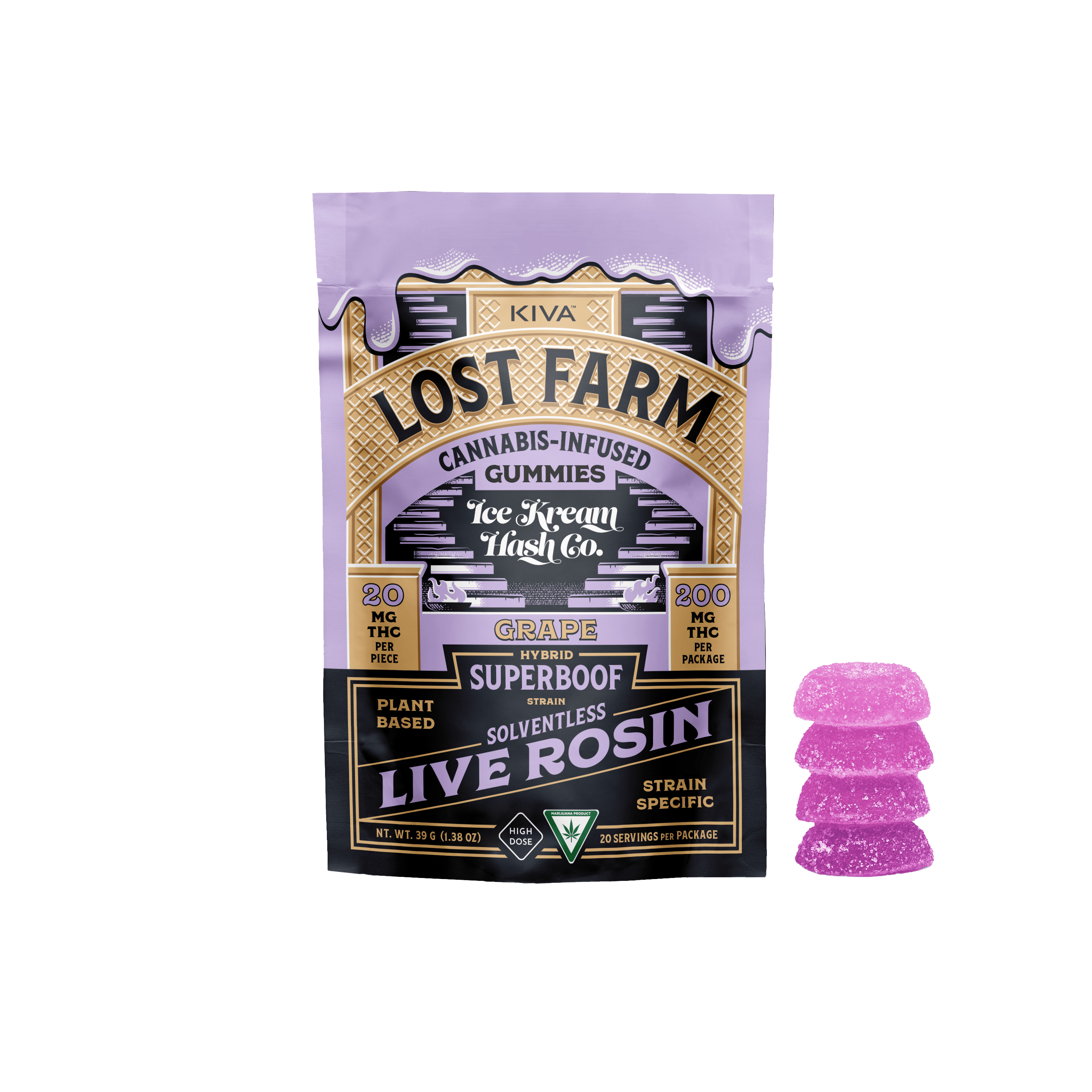 Lost Farm Gummies by Kiva - Grape 'Superboof' Live Rosin Gummies | 200mg | 10ct | 20mg/ea - 1