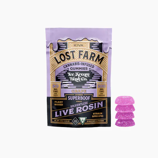 Lost Farm Gummies by Kiva - Grape 'Superboof' Live Rosin Gummies | 200mg | 10ct | 20mg/ea - 1