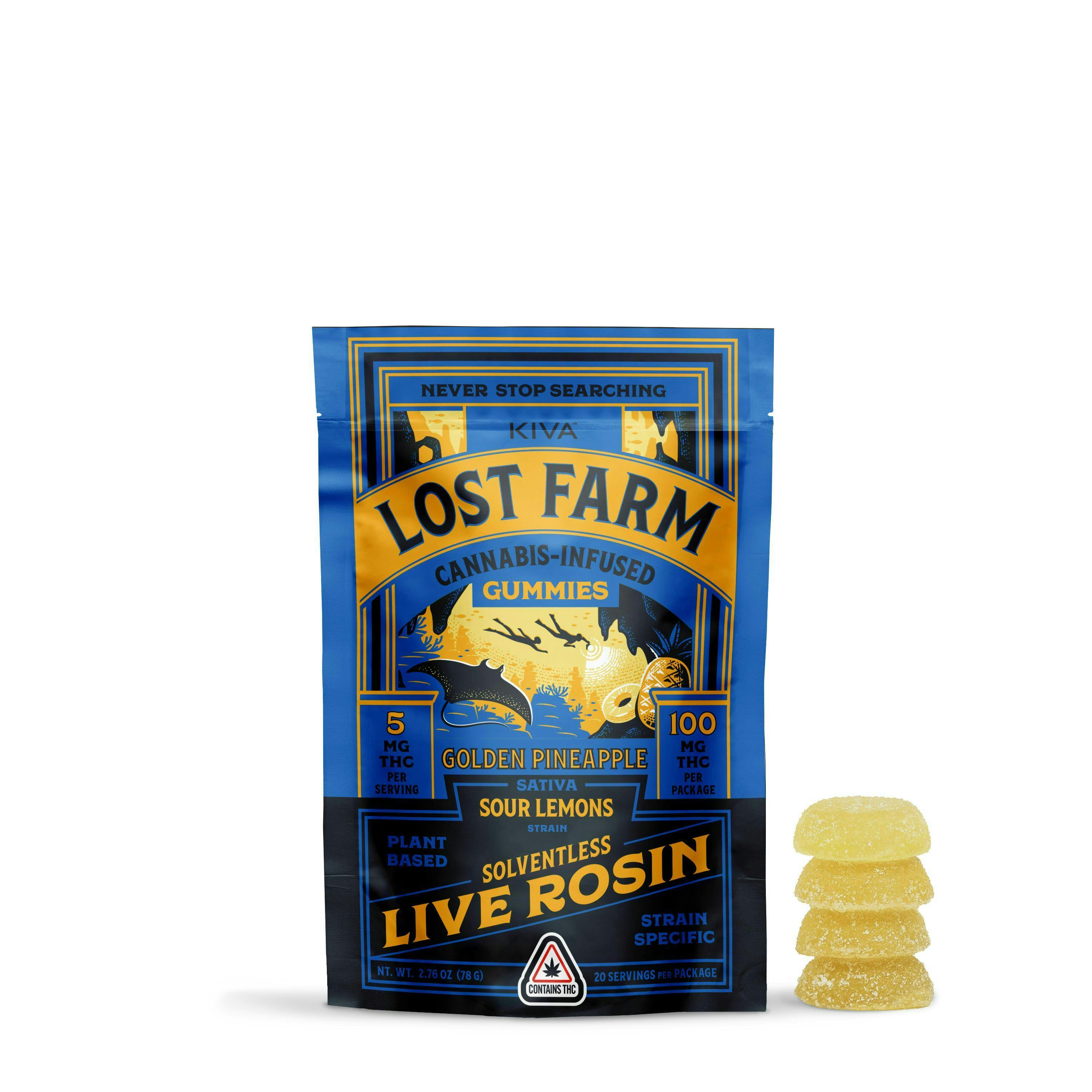 Lost Farm Gummies by Kiva - Golden Pineapple 'Sour Lemons' Live Rosin Chews | 100mg | 20ct | 5mg/ea - 1