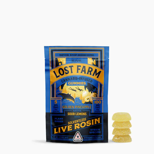 Lost Farm Gummies by Kiva - Golden Pineapple 'Sour Lemons' Live Rosin Chews | 100mg | 20ct | 5mg/ea - 1