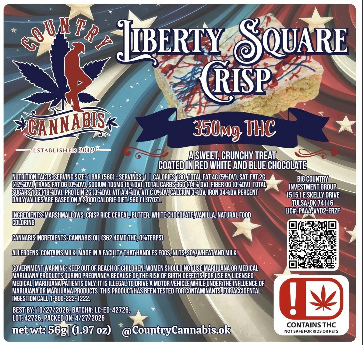 Country Cannabis - Liberty Square Crisp | Crispy Treat Baked Good | 350mg - 1