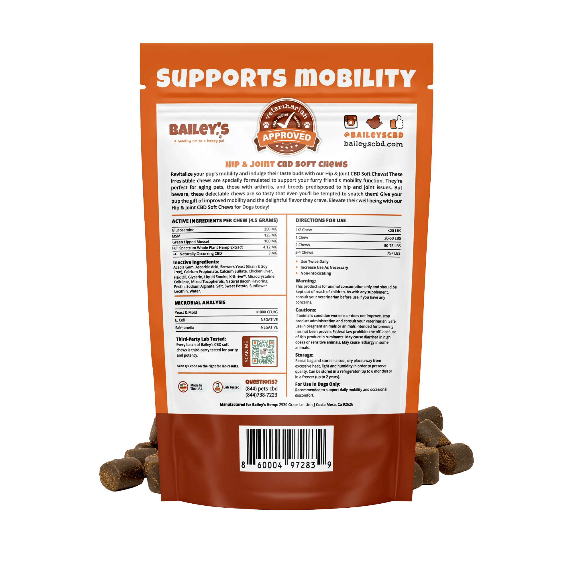 Bailey's CBD - Hip & Joint CBD Soft Chews For Dogs - 3MG CBD Per Chew - 30 ct Bag - 1