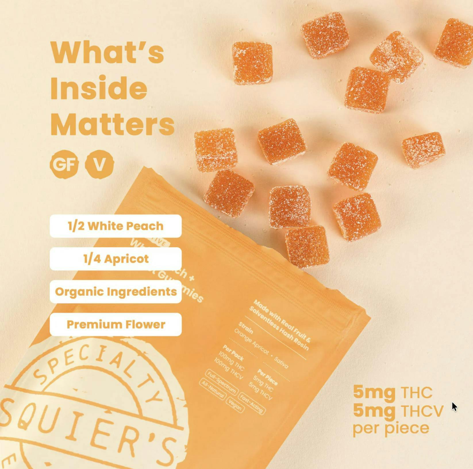 Squier's Specialty Edibles - White peach Apricot - 100mg THC / 100mg THCv Hash Rosin - Gummies - 1