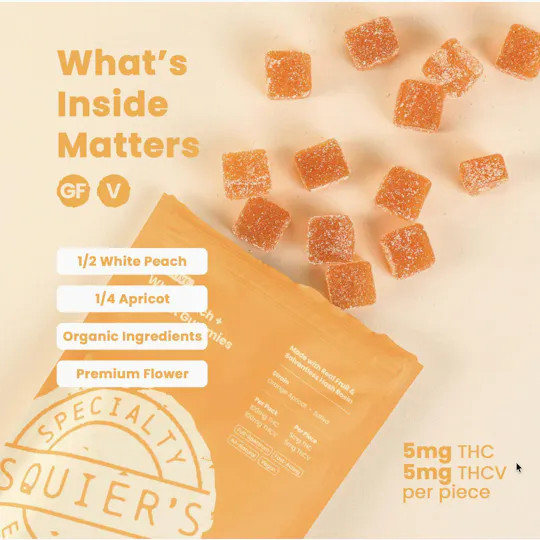 Squier's Specialty Edibles - White peach Apricot - 100mg THC / 100mg THCv Hash Rosin - Gummies - 1