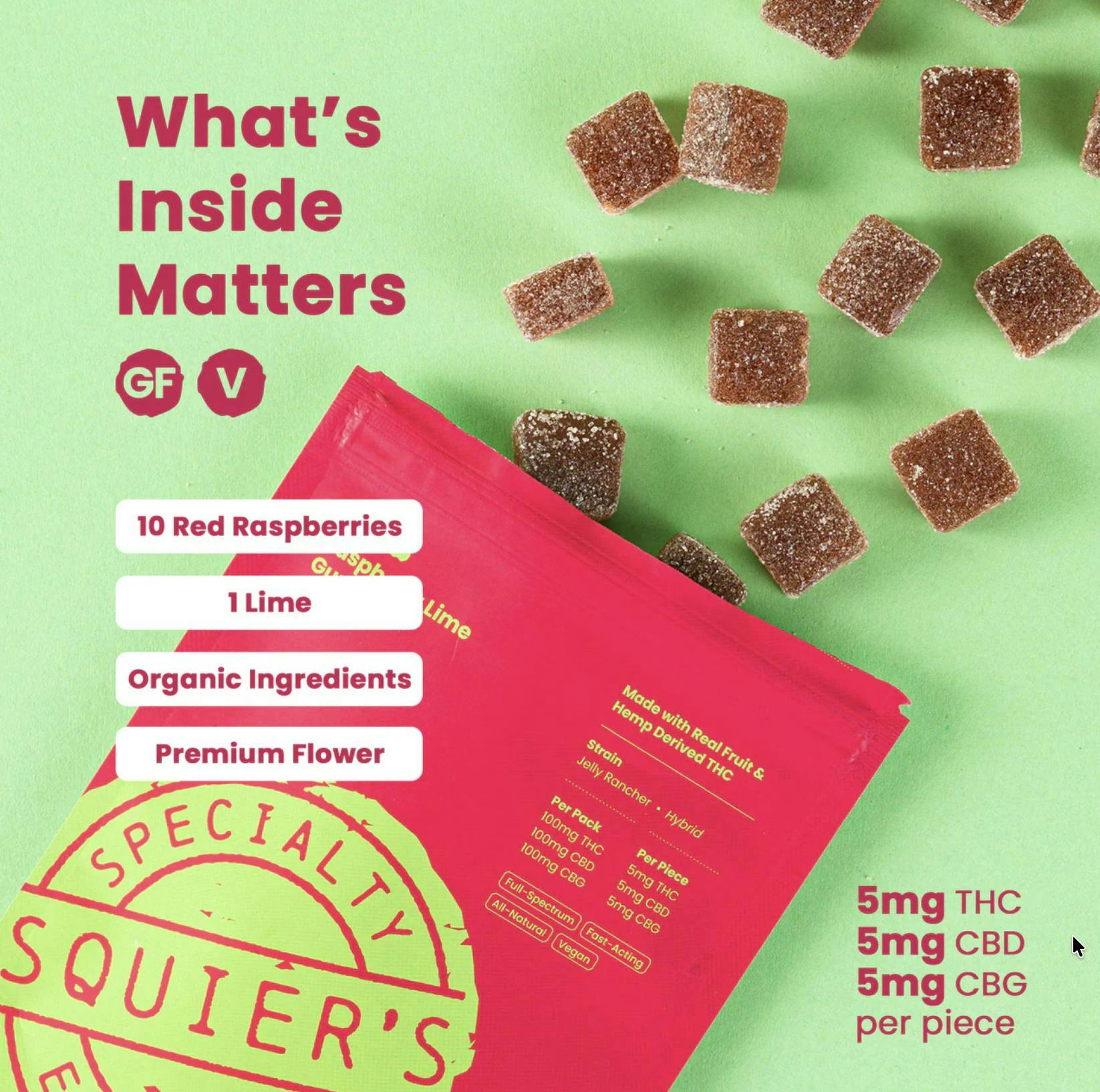 Squier's Specialty Edibles - Raspberry Lime - 100mg THC / 100mg CBD / 100mg CBG Hash Rosin - Gummies - 1