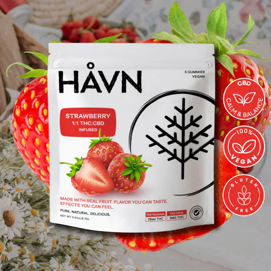 HAVN - Strawberry 1:1 THC:CBD Gummies | 25mg | 5ct | 5mg/ea - 1