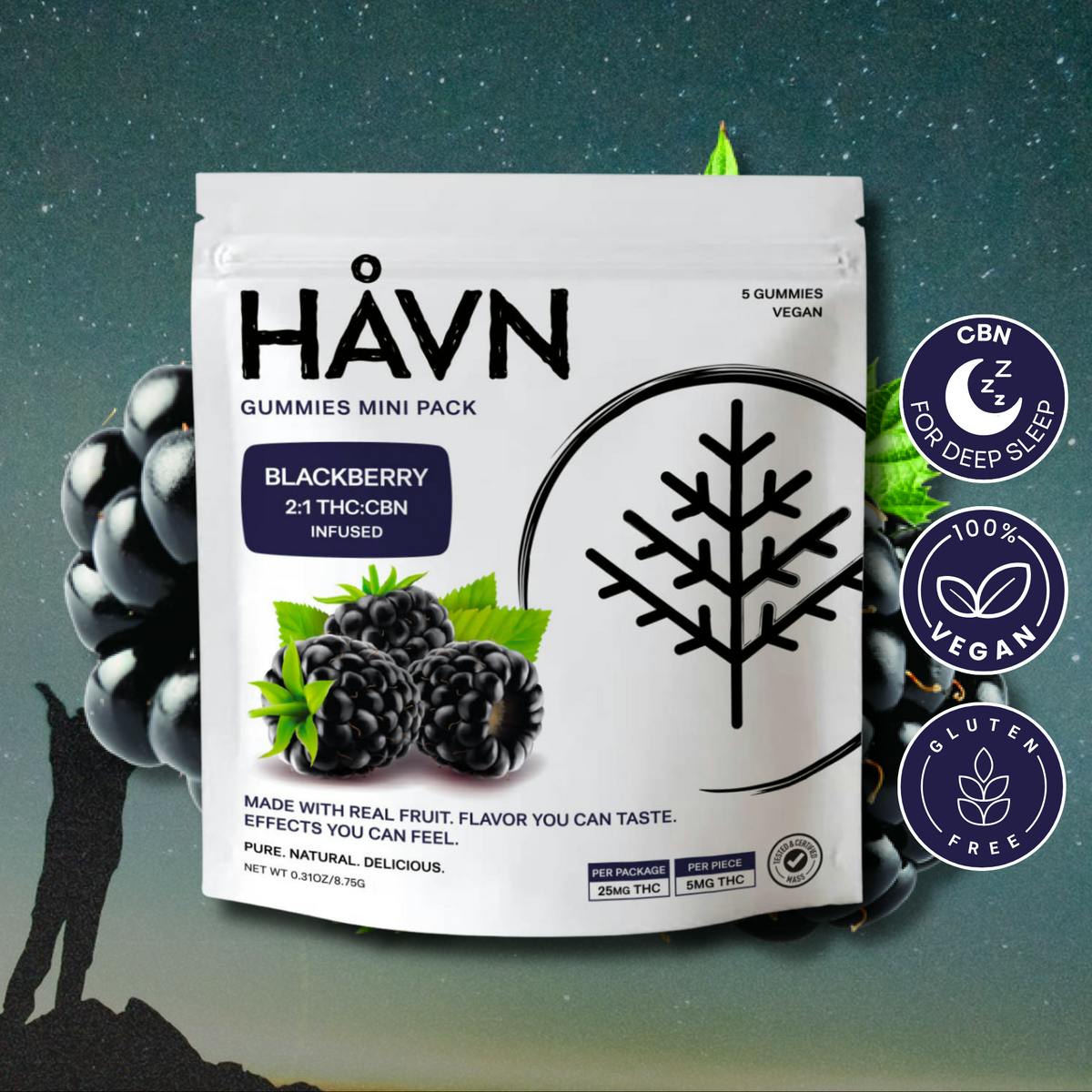 HAVN - Blackberry 2:1 THC:CBN Gummies | 25mg | 5ct | 5mg/ea - 1