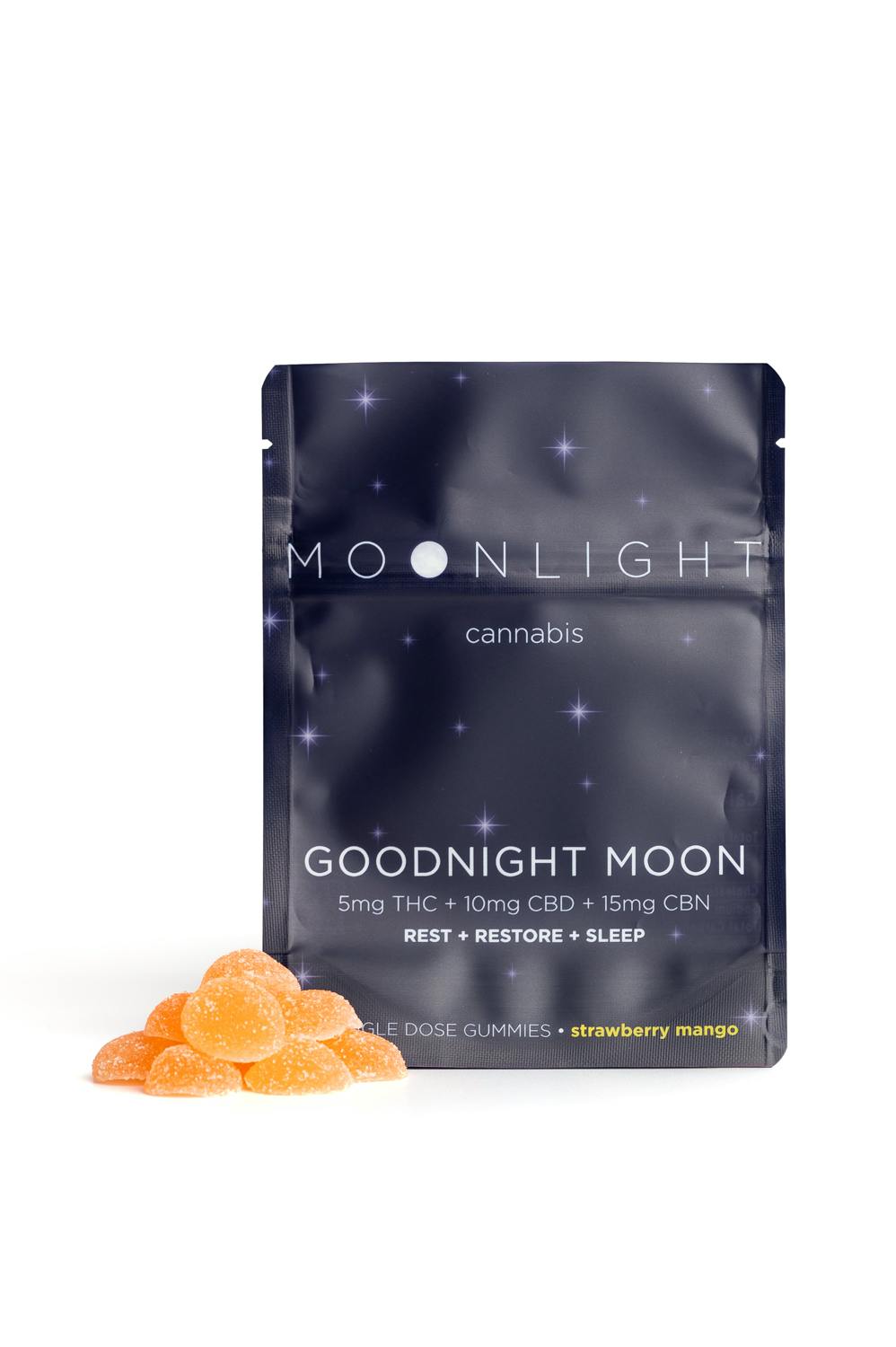 Moonlight Goodnight Moon Strawberry Mango Gummies 5mg THC, 10mg CBD 15mg CBN 10 pack