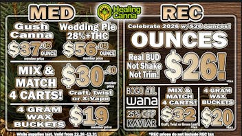 The Healing Canna $26 Rec Oz & $32 Mix & Match Carts!