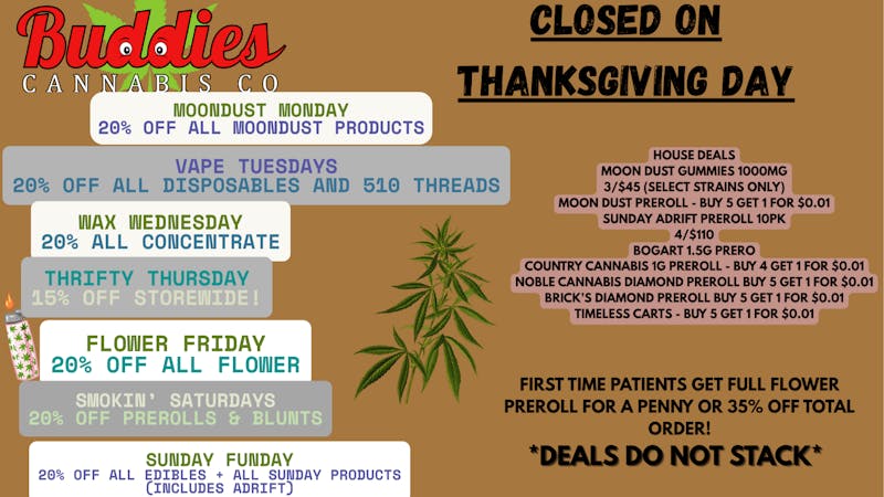 Buddies Cannabis Co Check out our daily deals!