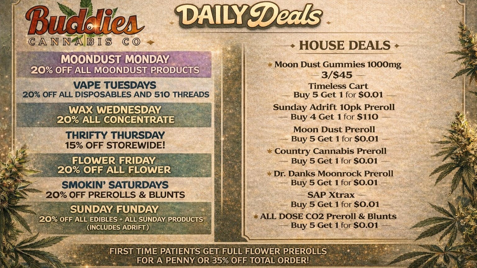 Buddies Cannabis Co DAILY DEALS AND NEW PATIENT DEAL!!!!!