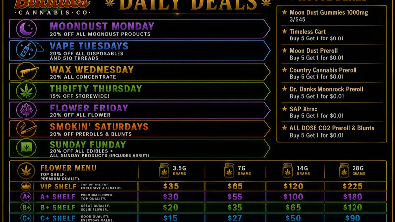 Buddies Cannabis Co DAILY DEALS AND NEW PATIENT DEAL!!!!!